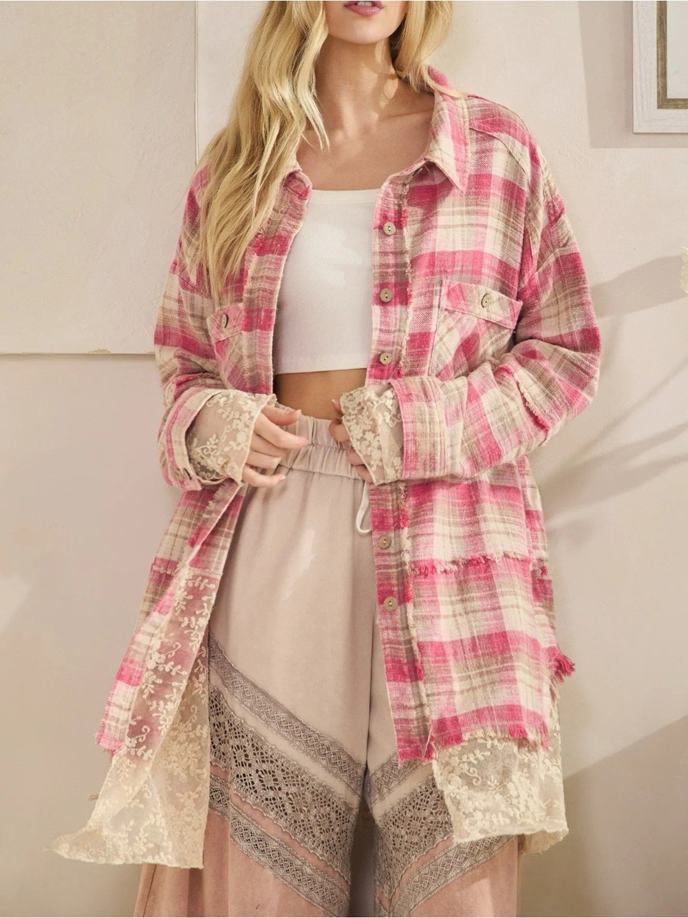 NWT🩷Oli & Hali Mineral Washed Plaid Embroidered Mesh Mix Shacket Pink/Beige XS